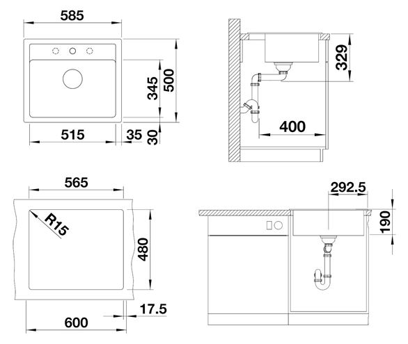 BLANCO LEGRA 6 granitový dřez 585x500 mm, otvor pro baterii, antracit 523332 Technický nákres