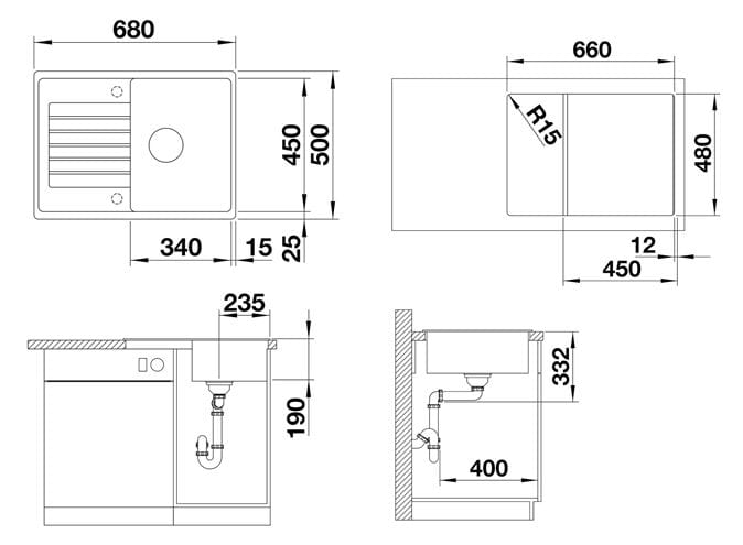BLANCO ZIA 45 S COMPACT granitový dřez 680x500 mm, otočný, odkapávač, antracit 524721 Technický nákres