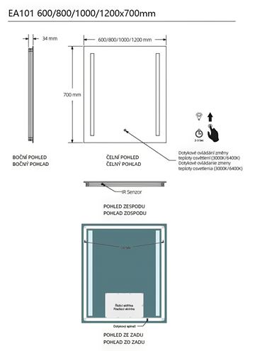 EASY PLUS zrcadlo 60x70 cm, s osvětlením, s regulací stmívání a teploty světla, se senzorem EA101.60 Technický nákres