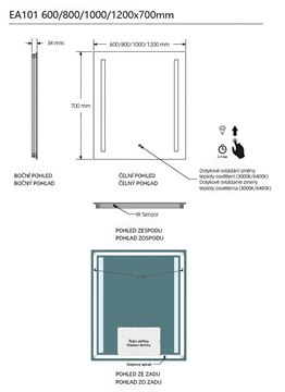 EASY PLUS zrcadlo 120x70 cm, s osvětlením, s regulací stmívání a teploty světla, se senzorem EA101.120 Technický nákres