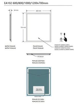 EASY PLUS zrcadlo 60x70 cm, s osvětlením, s regulací stmívání a teploty světla, se senzorem EA102.60 Technický nákres