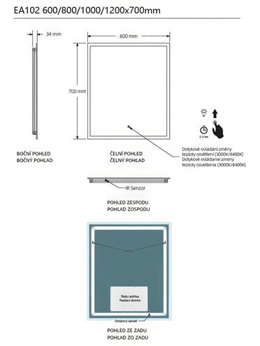 EASY PLUS zrcadlo 80x70 cm, s osvětlením, s regulací stmívání a teploty světla, se senzorem EA102.80 Technický nákres