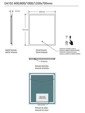 EASY PLUS zrcadlo 120x70 cm, s osvětlením, s regulací stmívání a teploty světla, se senzorem EA102.120 Technický nákres