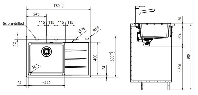 FRANKE CENTRO CNG 611-78 TL/2 fragranitový dřez 780x500 mm, odkapávač vpravo, onyx 114.0637.517 Technický nákres