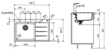 FRANKE CENTRO CNG 611-78 TL/2 fragranitový dřez 780x500 mm, odkapávač vpravo, onyx 114.0637.517 Technický nákres