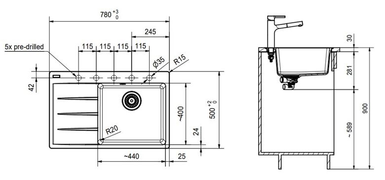 FRANKE CENTRO CNG 611-78 TL/7 fragranitový dřez 780x500 mm, odkapávač vlevo, matná černá 114.0637.506 Technický nákres
