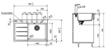 FRANKE CENTRO CNG 611-78 TL/7 fragranitový dřez 780x500 mm, odkapávač vlevo, matná černá 114.0637.506 Technický nákres