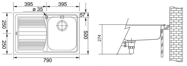 FRANKE LOGICA LLX 611/7 nerezový dřez 790x500 mm, otvor pro baterii, odkapávač vlevo 101.0120.188 Technický nákres
