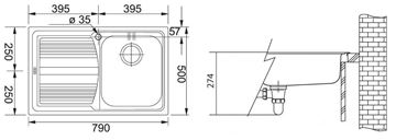 FRANKE LOGICA LLX 611/7 nerezový dřez 790x500 mm, otvor pro baterii, odkapávač vlevo 101.0120.188 Technický nákres