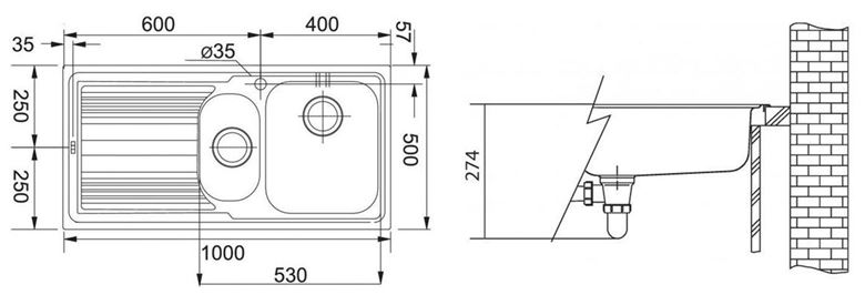 FRANKE LOGICA LLX 651 nerezový dřez 1000x500 mm, otvor pro baterii, vanička, odkapávač vlevo 101.0120.190 Technický nákres