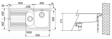 FRANKE LOGICA LLX 651 nerezový dřez 1000x500 mm, otvor pro baterii, vanička, odkapávač vlevo 101.0120.190 Technický nákres