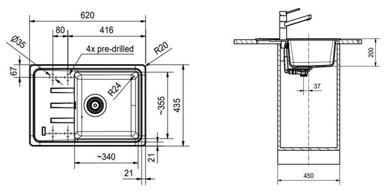 FRANKE MALTA BSG 611-62 fragranitový dřez 620x435 mm, otočný, odkapávač, bílá led 114.0440.889 Technický nákres