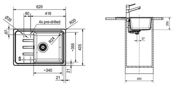 FRANKE MALTA BSG 611-62 fragranitový dřez 620x435 mm, otočný, odkapávač, bílá led 114.0440.889 Technický nákres