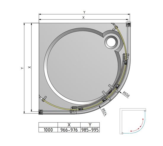 ROTH AMBIENT LINE AMR2N/1000 sprchový kout 100x100 cm, R550, posuvné dveře brillant/sklo transparent 624-1000000-00-02 Technický nákres