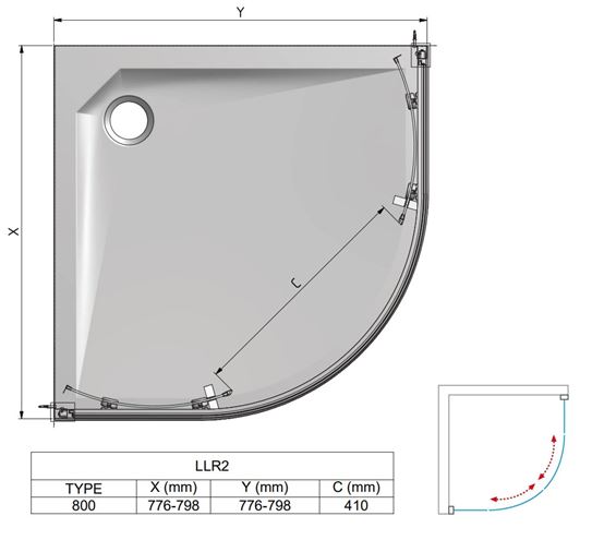 ROTH LEGA LINE LLR2/800 sprchový kout 80x80 cm, R550, posuvné dveře, brillant/sklo transparent 555-8000000-00-02 Technický nákres
