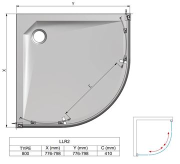 ROTH LEGA LINE LLR2/800 sprchový kout 80x80 cm, R550, posuvné dveře, brillant/sklo transparent 555-8000000-00-02 Technický nákres