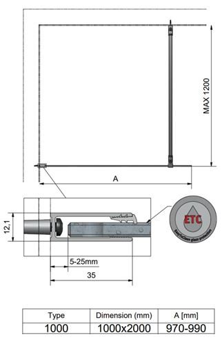 ROTH PROJECT EI TWF stěna walk-in 100x200,7 cm, brillant/čiré sklo EI TWF 10020 VPE Technický nákres