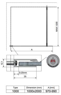 ROTH PROJECT EI TWF stěna walk-in 100x200,7 cm, brillant/čiré sklo EI TWF 10020 VPE Technický nákres