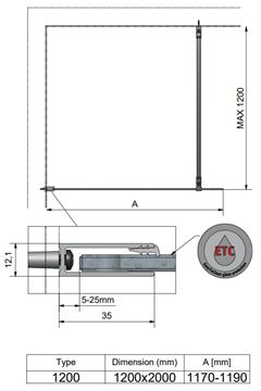ROTH PROJECT EI TWF stěna walk-in 120x200,7 cm, brillant/čiré sklo EI TWF 12020 VPE Technický nákres