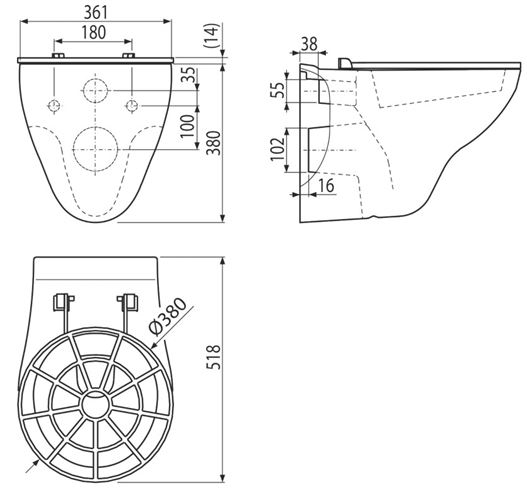 ALCA výlevka WS Aura 36,1 cm, s mřížkou WS AURA Technický nákres