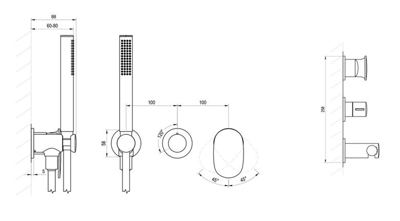 RAVAK SPRING SG 065.00CR.O2+S podomítková baterie, pro 2 spotřebiče, s tělesem, se sprchovou soupravou, chrom X070534 Technický nákres