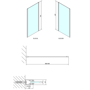 POLYSAN EASY LINE boční stěna 90x190 cm, aluchrom/čiré sklo EL3315 Technický nákres