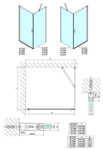 POLYSAN ZOOM LINE boční stěna 100x190 cm, aluchrom/čiré sklo ZL3210 Technický nákres