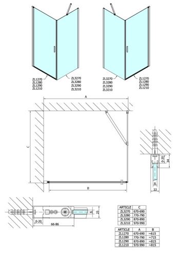 POLYSAN ZOOM LINE boční stěna 90x190 cm, aluchrom/čiré sklo ZL3290 Technický nákres