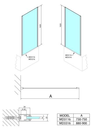 POLYSAN DEEP boční stěna 90x165 cm, leštěný hliník/čiré sklo MD3316 Technický nákres