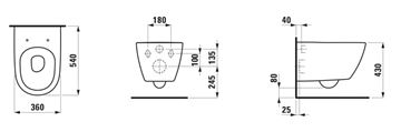 LAUFEN FIORA závěsné WC, Rimless splachování, Silent Flush H821920000000L Technický nákres