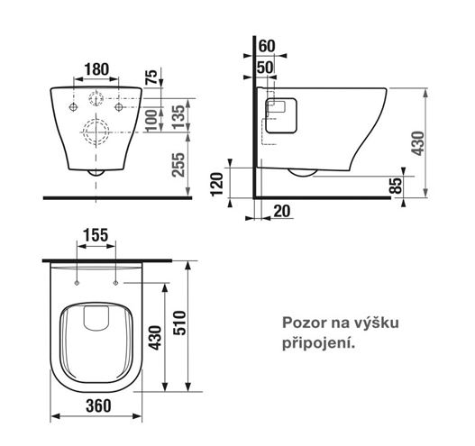 DEEP BY JIKA závěsné WC, Rimless splachování H8206160000001 Technický nákres