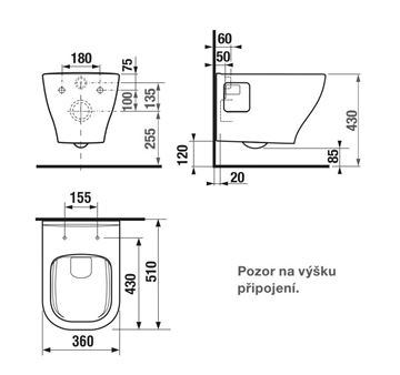 DEEP BY JIKA závěsné WC, Rimless splachování H8206160000001 Technický nákres