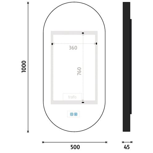 NIMCO ZP 32000 zrcadlo 50x100 cm, reverzibilní, s osvětlením, s regulací stmívání, s regulací teploty světla, se senzorem ZPC 32004LVX-90 Technický nákres
