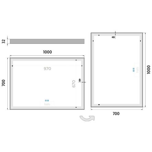 NIMCO ZP 13000 zrcadlo 100x70 cm, reverzibilní, s osvětlením, s regulací stmívání a teploty světla, se dvěma senzory ZP 13004VX Technický nákres