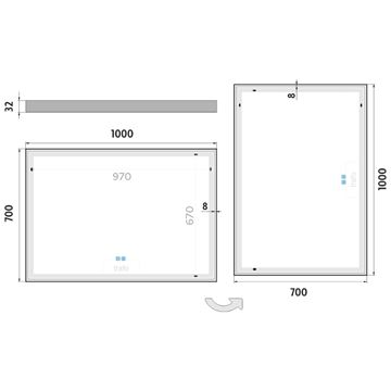 NIMCO ZP 13000 zrcadlo 100x70 cm, reverzibilní, s osvětlením, s regulací stmívání a teploty světla, se dvěma senzory ZP 13004VX Technický nákres