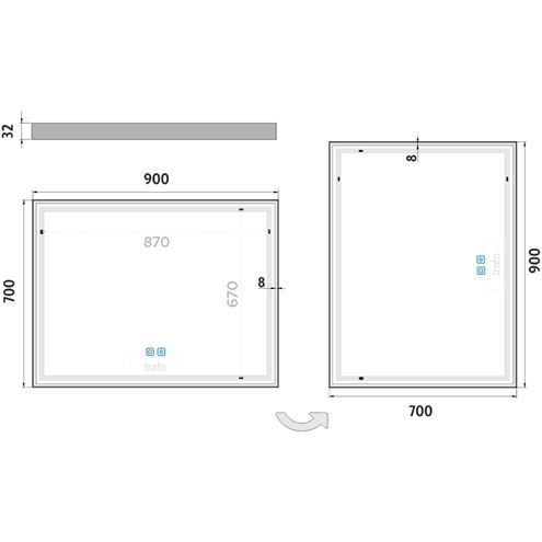 NIMCO ZP 13000 zrcadlo 90x70 cm, reverzibilní, s osvětlením, s regulací stmívání a teploty světla, se dvěma senzory ZP 13019VX Technický nákres