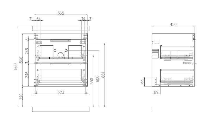 CONCEPT 150 skříňka pod umyvadlo 56,5x45x56 cm, 2 zásuvky, lesklá bílá 809980 Technický nákres