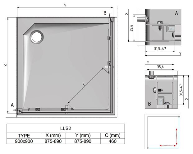 ROTH LEGA LINE LLS2/900 SMONT sprchový kout 90x90 cm, rohový vstup, posuvné dveře, brillant/sklo transparent 554-9000000-00-02 Technický nákres