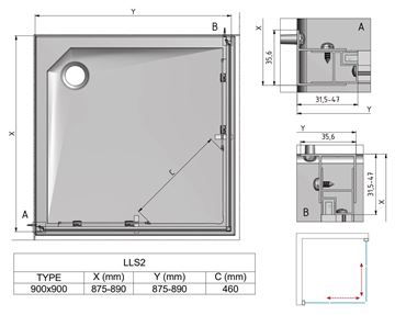 ROTH LEGA LINE LLS2/900 SMONT sprchový kout 90x90 cm, rohový vstup, posuvné dveře, brillant/sklo transparent 554-9000000-00-02 Technický nákres