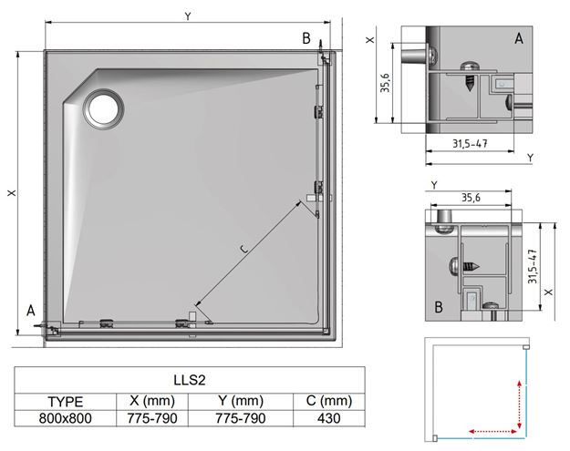 ROTH LEGA LINE LLS2/800 SMONT sprchový kout 80x80 cm, rohový vstup, posuvné dveře, brillant/sklo transparent 554-8000000-00-02 Technický nákres