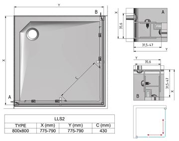 ROTH LEGA LINE LLS2/800 SMONT sprchový kout 80x80 cm, rohový vstup, posuvné dveře, brillant/sklo transparent 554-8000000-00-02 Technický nákres