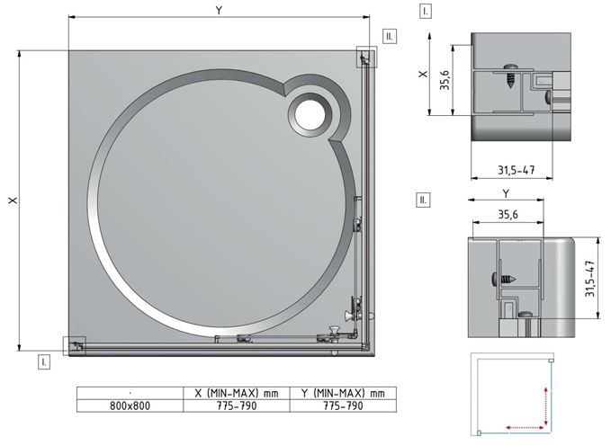 EASY ELS2 800 LH/CS sprchový kout 80x80 cm, rohový vstup, posuvné dveře, brillant/transparent 543-8000000-00-02 Technický nákres