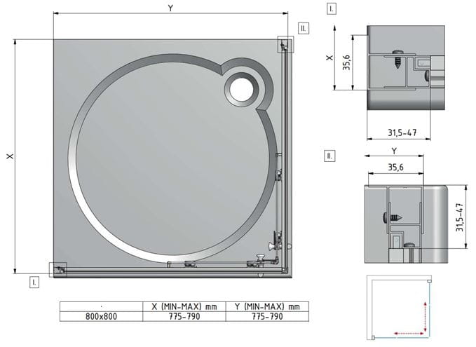 EASY ELS2 800 B/CS sprchový kout 80x80 cm, rohový vstup, posuvné dveře, bílá/transparent 543-8000000-04-02 Technický nákres