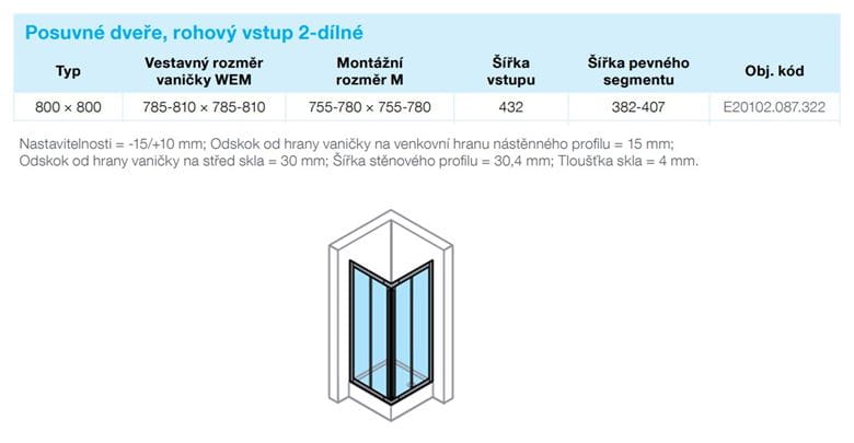 CONCEPT 70 sprchový kout 80x80 cm, rohový vstup, posuvné dveře, stříbrná matná/sklo čiré E20102.087.322 Technický nákres