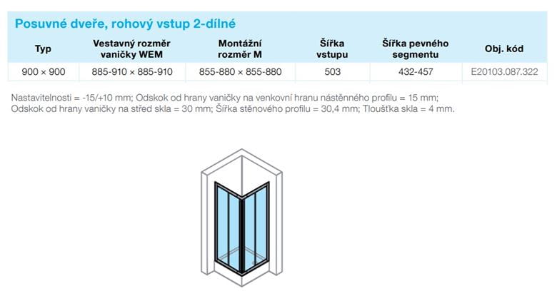 CONCEPT 70 sprchový kout 90x90 cm, rohový vstup, posuvné dveře, stříbrná matná/sklo čiré E20103.087.322 Technický nákres