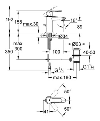 GROHE EUROSTYLE COSMOPOLITAN umyvadlová stojánková baterie, s odtokovou soupravou, chrom 23037002 Technický nákres