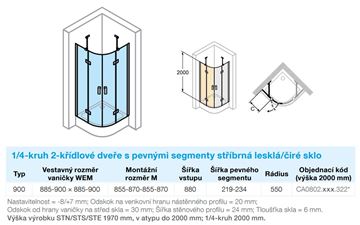 CONCEPT 400 sprchový kout 90x90 cm, R550, křídlové dveře, stříbrná pololesklá/sklo čiré CA0802.069.322 Technický nákres