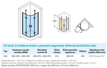 CONCEPT 400 sprchový kout 90x90 cm, R500, křídlové dveře, matná bílá/sklo čiré CA0702.182.322 Technický nákres