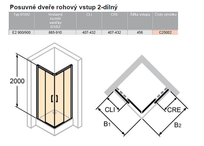 HÜPPE CLASSICS 2 EASY ENTRY sprchový kout 90x90 cm, rohový vstup, posuvné dveře, pololesklá stříbrná/čiré sklo C25002.069.322 Technický nákres