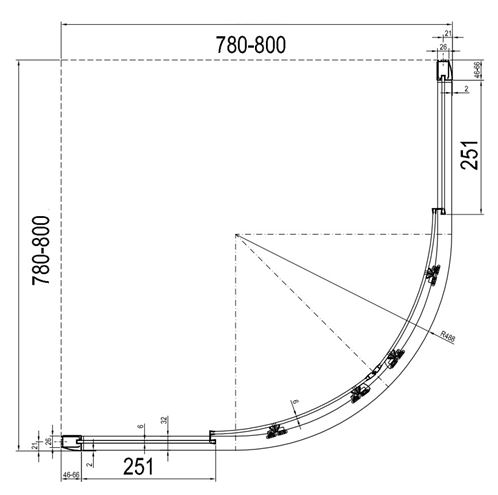 RAVAK BLIX BLCP4 80 sprchový kout 80x80 cm, R500, posuvné dveře, satin/sklo transparent 3B240U00Z1 Technický nákres